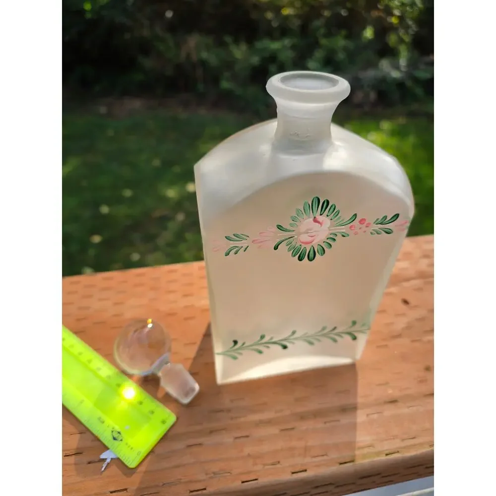 Vintage 90s Crabtree & Evelyn Frosted Glass Decanter Hand Painted Floral